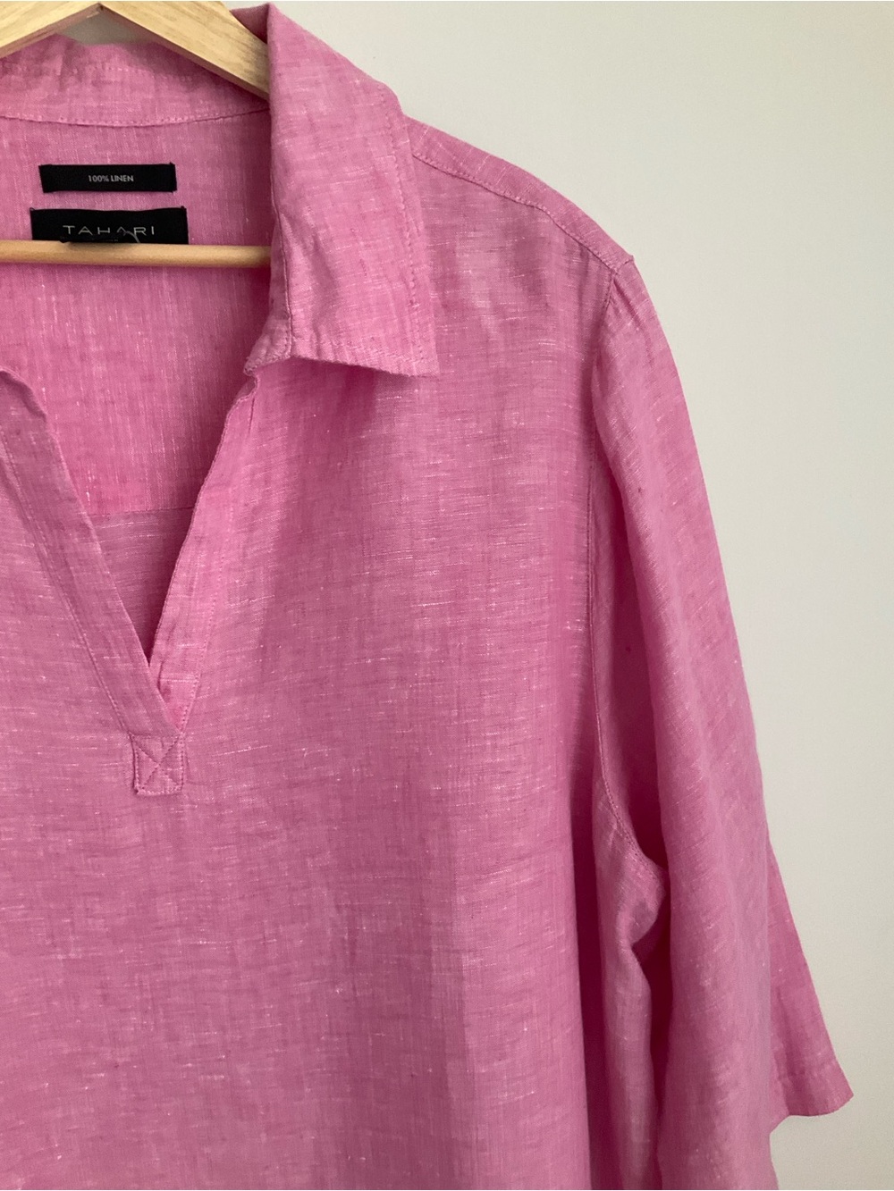 Tahari Pink 100% Linen Tunic Top V-Neck Side Button Detail Size 1X - Picture 3 of 10